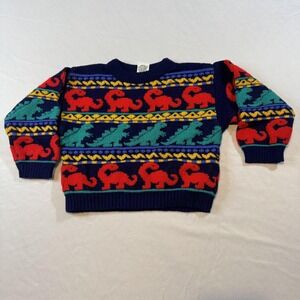 Vtg Baby Togs Dinosaur Sweater Toddler 24 M Navy Colorful Knit Pullover 3D 80s